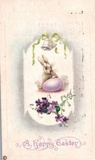 Vintage 1924 Easter Postcard Rabbit Purple Egg Violets Bells San Bernardino CA