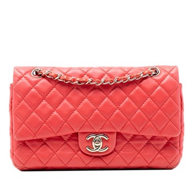 Chanel Medium Classic Lambskin Double Flap Pre-Loved Schultertasche Rot
