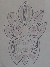 Maschera tribale inchiostro originale su carta marrone disegno A3