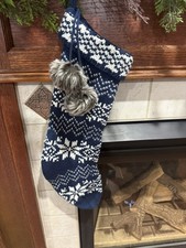 Target Wondershop Fair Isle Knit Snowflake Christmas Stocking Fur Pom Poms Navy