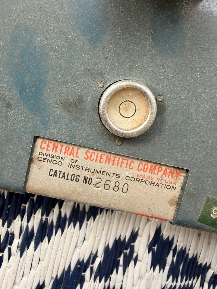 A heavy, gorgeous CENCO laboratory balance scale from a real scientific supply house — the kind of precision instrument that looks at home in a mad scientist's lair or a beautifully styled home office.