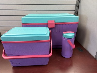 VINTAGE 1980 s Thermos 55 3 pc Cooler Set Purple Pink Turqoise Like iGloo