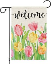 Welcome Spring Summer Garden Flag 12 X 18 Inch Vertical Double Sided Burlap, Tul