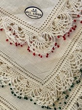 3 Vtg. Portugal label Linen Handkerchiefs w beaded crochet Holiday Edging Unused