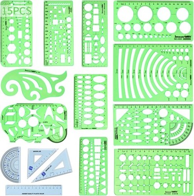 15PCS Geometric Drawings Templates,Transparent Green Plastic Ruler, Drafting