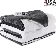 Heated Electric Blanket 9-Level Temperature Control Auto Off Soft Flannel Sherpa