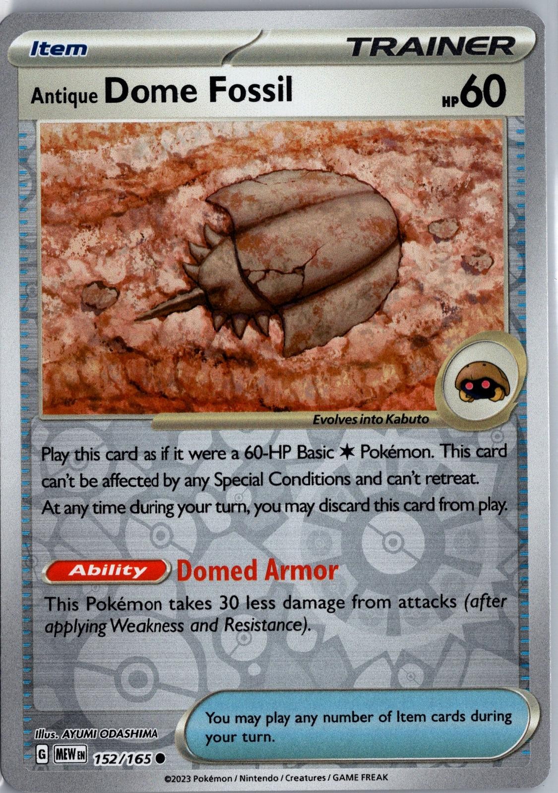 Antique Dome Fossil 152/165 Common 151 Pokemon Reverse Holo Lightly Played