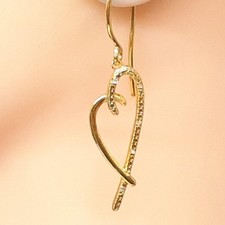 Genuine .06ctw Diamond 14K Yellow Gold 925 Silver Dangle Heart Earrings