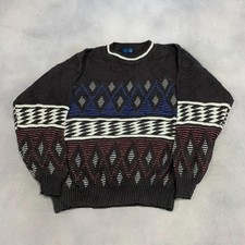 Vintage Abstract Knitted Jumper Patterned Grandad Knit Sweater Men's Xl
