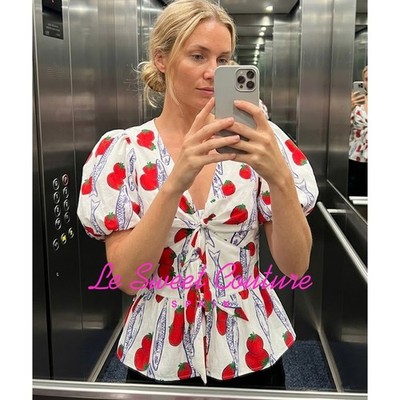 ZARA WOMAN NWT SS26 PRINTED SHIRT WITH BOWS TOP BLUE WHITE 4009/322/044
