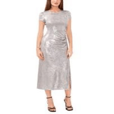 NWT Vince Camuto Metallic Fit & Flare Side-Ruched Side-Slit Midi Dress in Silver