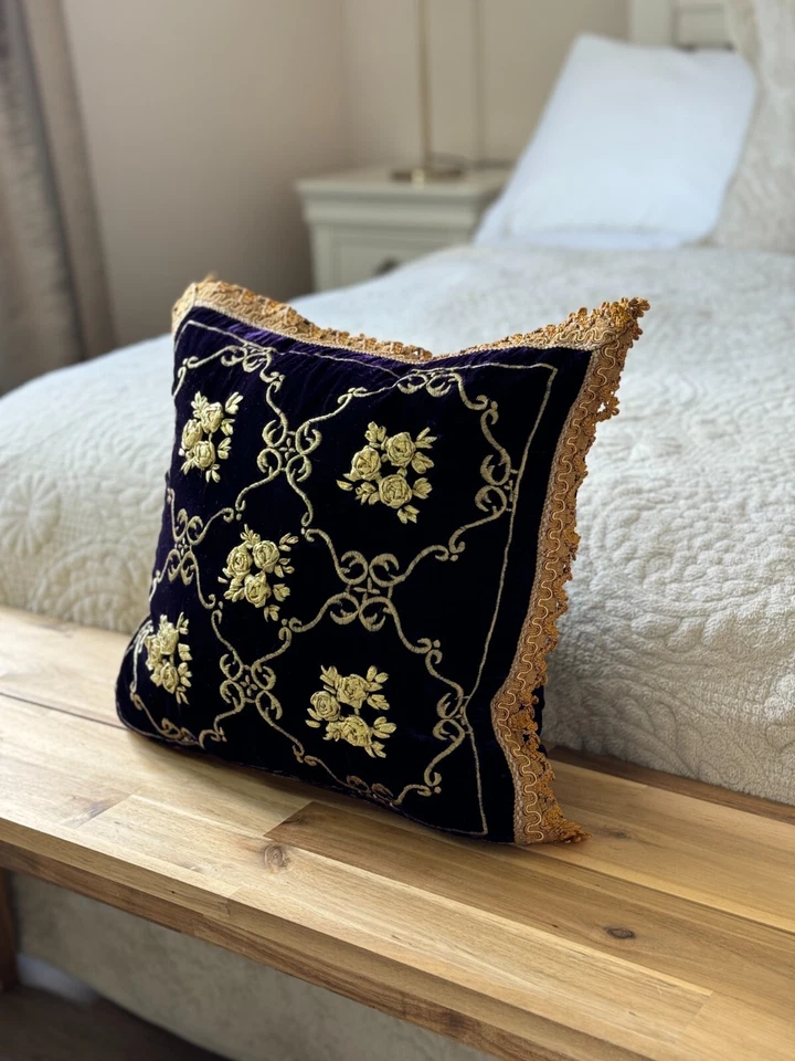 Luxury Deep Purple Gold Moroccan Style Handmade Embroidered 16in Cushion Cover - Image 3 of 4