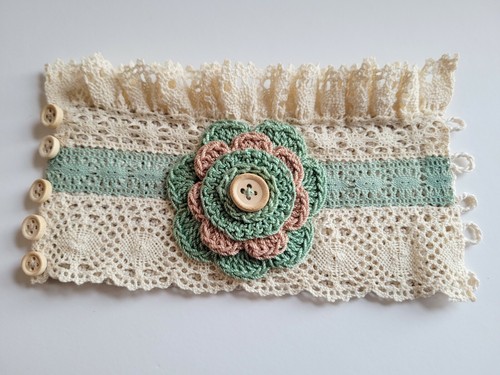 Crochet Cuff Bracelet Handmade Boho wrist cuff with Flower/ Lace Beige Green - Picture 2 of 7