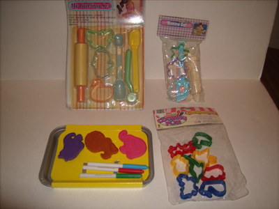 4 Vintage Child's Plastic Baking Cookie Cutter Sets with Metal Cookie Sheet NEW