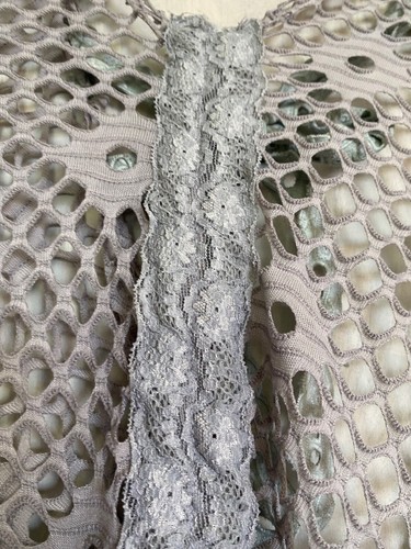 PRETTY ANGEL Tunic Dress Lace Mesh Boho Linen Blend Asymmetric w Rosettes Grey L - Picture 8 of 19