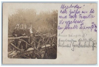 #ad 1908 Men Drinking Beer On Bridge Stein Wurzburg Germany RPPC Photo Postcard $19.97