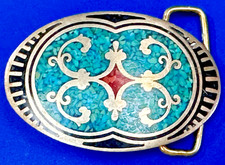 Turquoise Coral Chip Inlay Vintage 1981 Albuquerque Nm Signed Belt Buckle