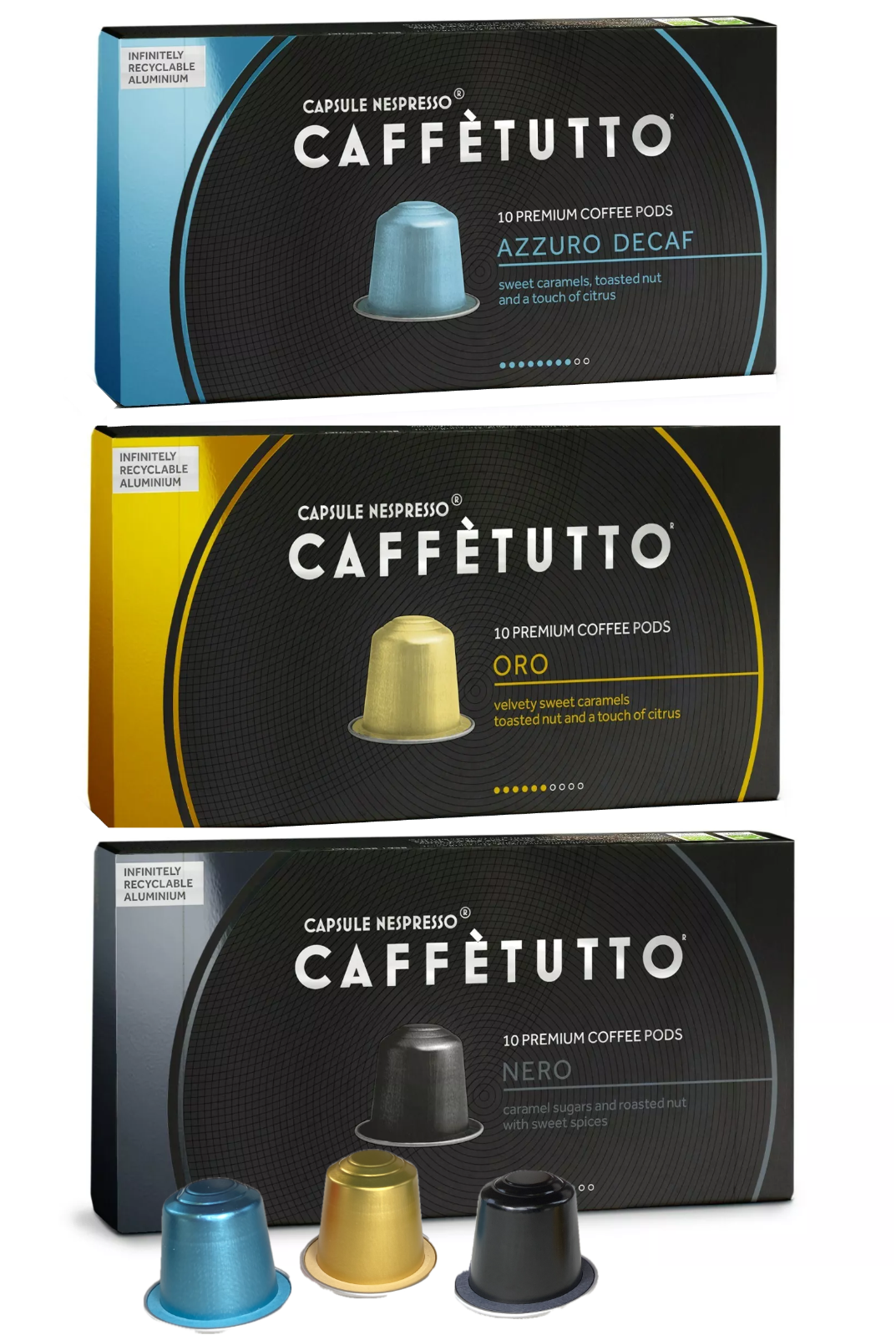 30 Caffètutto Italian Nespresso coffee pods (10 Oro 10 Nero 10 Azzurro Decaf)