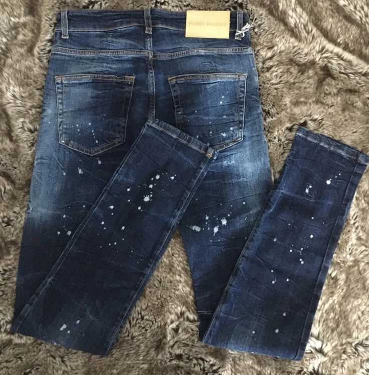 Balmain — PIERRE BALMAIN Blue Designer Distressed Paint Splatters Jeans - Made In Italy