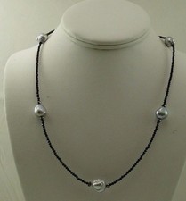 Freshwater White Pearl, Black Spinel and Hematite Necklace with Silver Clasp