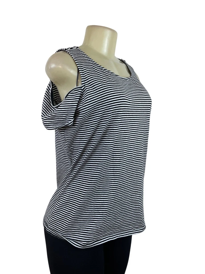 Camisa Top Michael Kors a Rayas Hombro Frío Blanco y Negro para Mujer Talla L Foto 2 de 4