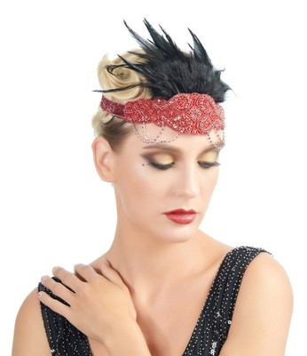 1920s Flapper Red Headband Black Feather Beaded Headpiece  display picture 2