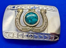 Round Turquoise Stone Centerpiece Two Lucky Horseshoe Western Cowboy Belt Buckle