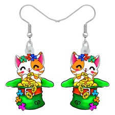 St Patricks Day Acrylic Green Hat Cat Earrings Pet Gifts Jewelry Kitten Charms