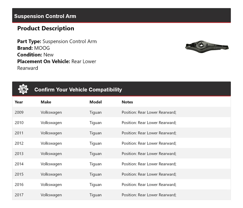 Para 2009-2017 Volkswagen Tiguan braço de controle de suspensão traseiro inferior traseiro MOOG - Imagem 2 de 4