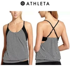 ATHLETA Slash Stripe Blousy Tankini Swimsuit Top Blouson Black 34D/DD EXCELLENT