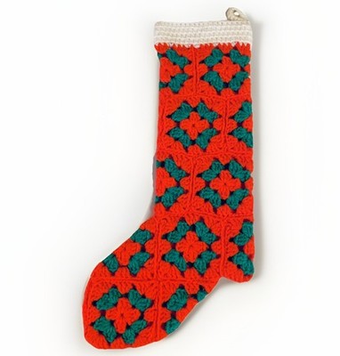 Vintage Knitted Christmas Stocking Poinsettia Handmade White Red Green