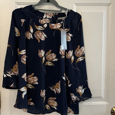 NWT Daniel Rainn Women s Navy Chiffon Round Neck Zip Long Sleeve Blouse MP