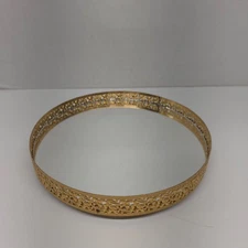Vintage 8" Gold Filigree Round Vanity Dresser Mirror Tray With Lazy Susan Bottom