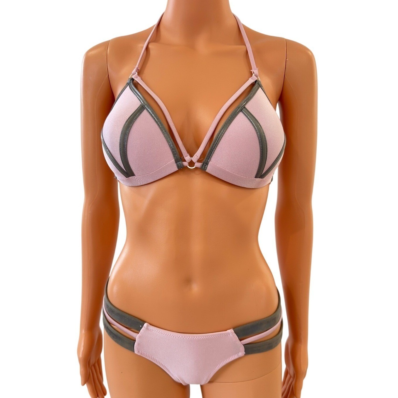 Pink and Metallic Gray Strappy Triangle Bikini Set Two Piece Swimsuit Size M