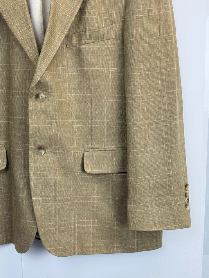 Geoffrey Beene 男式 42S 开衫夹克米色格子亚麻混纺学院风运动外套 — 第 3/4 张图片