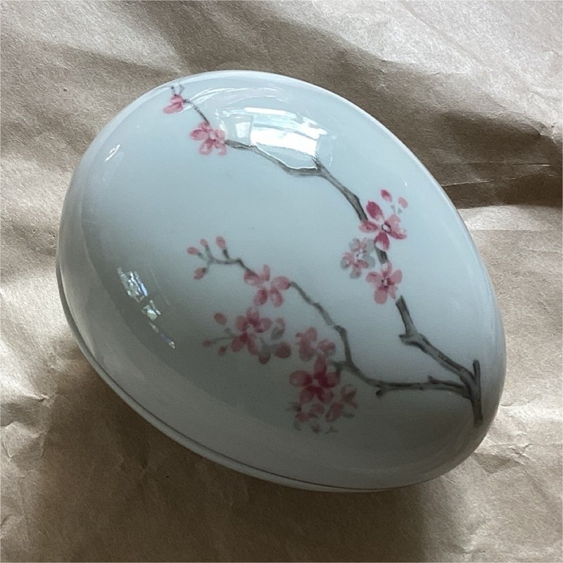 Schmidt Porcelain Egg Trinket Box, Floral Flowers, White Pink, Removable Lid