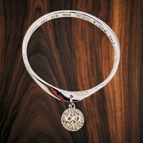 Inspirational Engraved Silver-Tone Bangle Bracelet with Infinity Charm