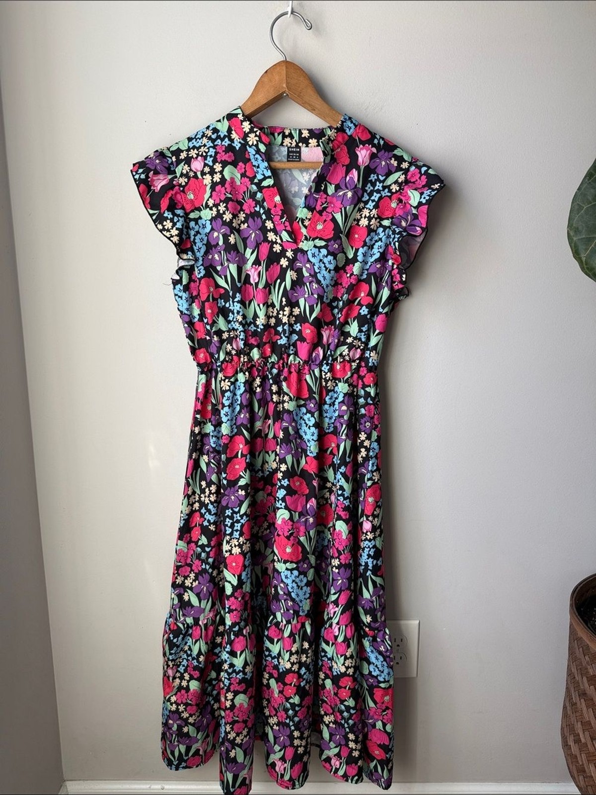 SHEIN Floral Flutter Sleeve Midi Dress Black Pink Blue Tiered Boho Cottagecore