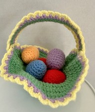 Vintage Hand Crochet Easter Basket and 5 Colorful Easter Eggs