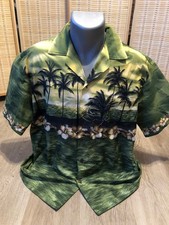 Hawaiian Togs Tropical Button Up Shirt 100 Cotton Green Large L Palm Trees H772