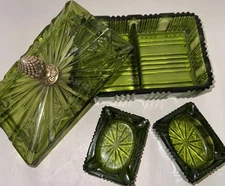 Vintage Avocado Green Art Deco Four Piece Cigarette Tray Two Ashtrays With Lid