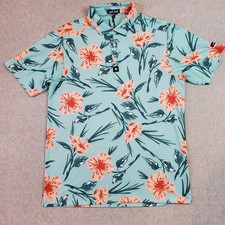 Bad Birdie Golf Polo Shirt Mens Large Blue/Green Hibiscus Floral Print Stretch