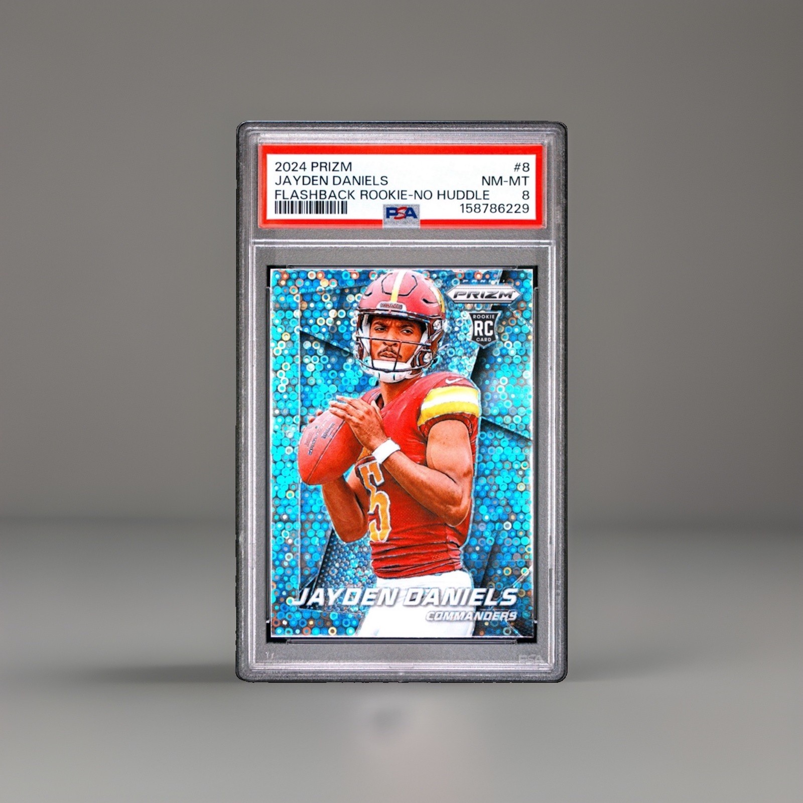 2024 Panini Prizm No Huddle JAYDEN DANIELS ROOKIE FLASHBACK DISCO PRIZM RC PSA 8 view 1