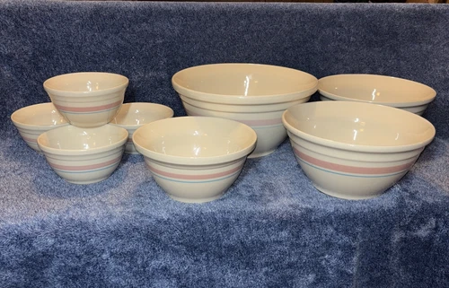 Vintage Set Of 8 McCoy Memories Stoneware Mixing Nesting Bowls Pink & Blue Strip