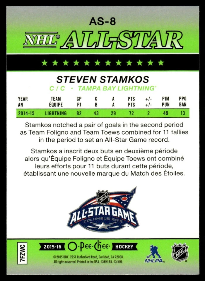 2015-16 O PEE CHEE NHL ALL STAR Steven Stamkos Tampa Bay Lightning #AS-8 - Image 2 of 2