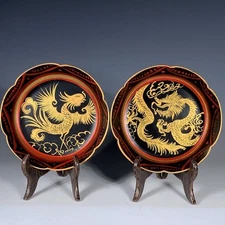 5.7" China Old Retro Porcelain Song Ru Kiln Paintings Dragon Phoenix Brush Wash
