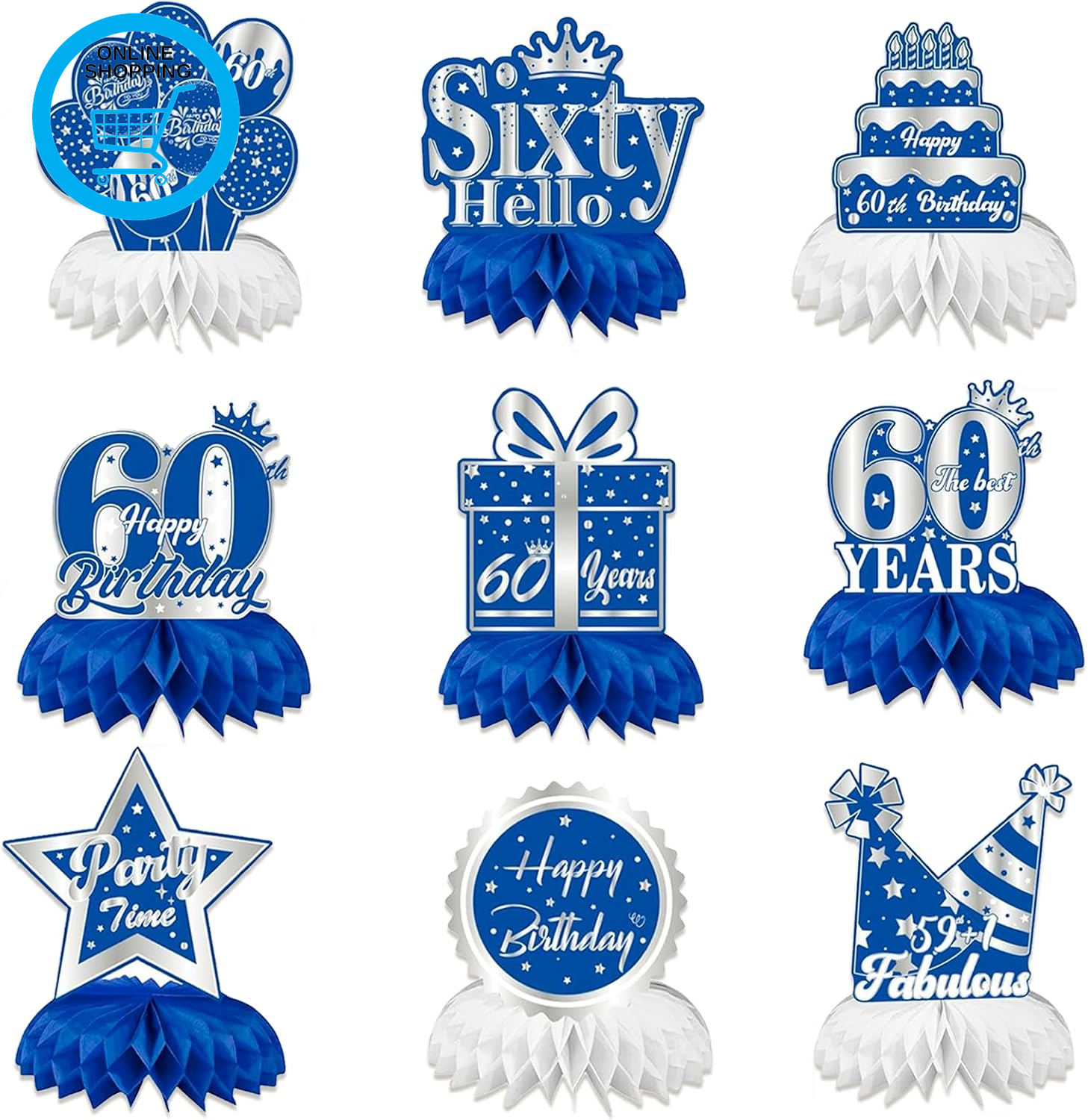 9Pcs  Blue Silver Birthday Honeycomb Centerpieces Party Decorations Wedding Anni