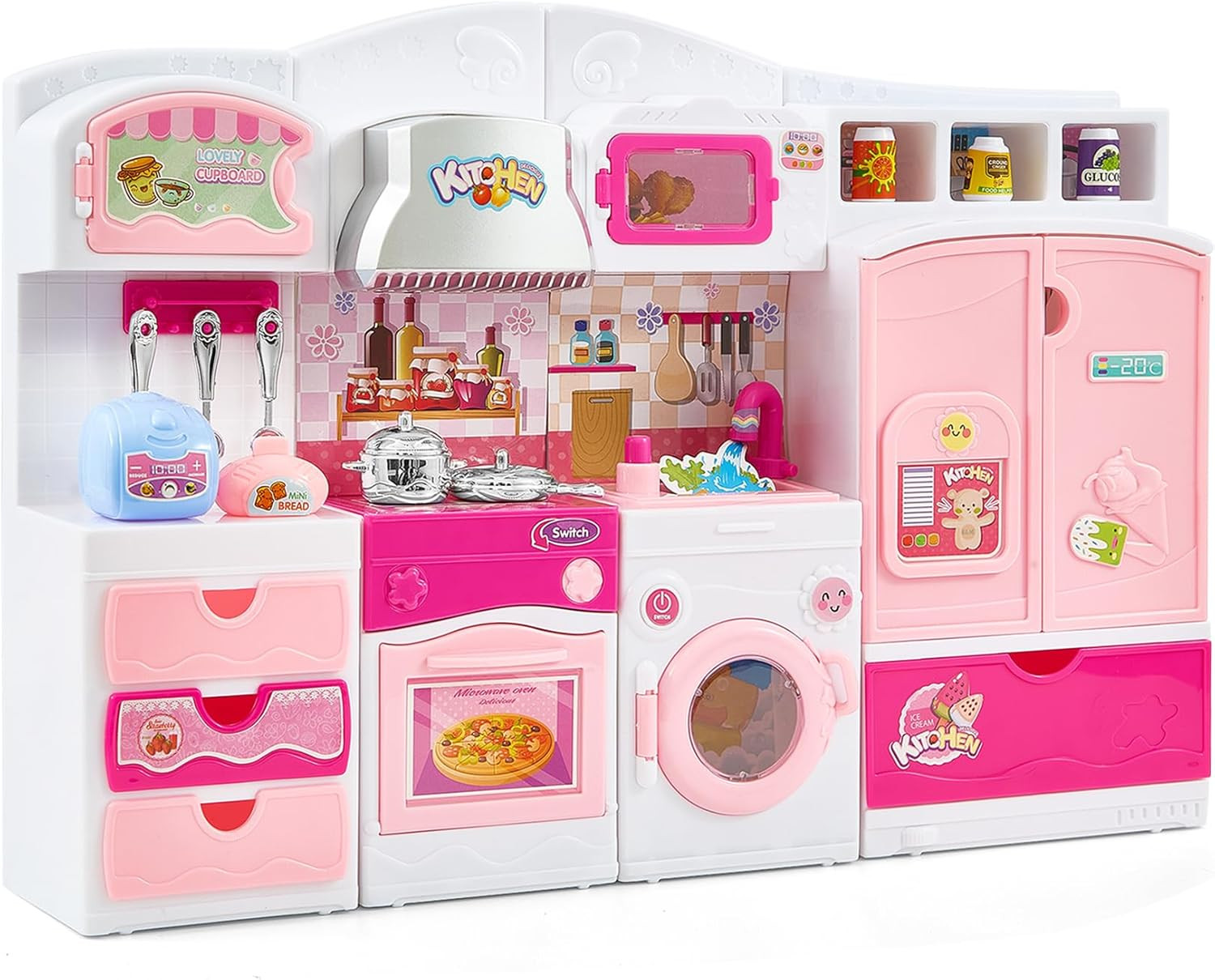 4 in 1 Kids Kitchen Playset w/ Lights Sounds Accessories Pinkfts for 3 4 5 6 7 8