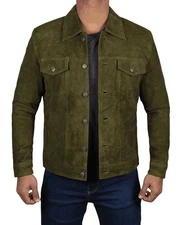 Men's Real Suede Leather Olive Green Trucker Jacket Denim Style Classic Jacket