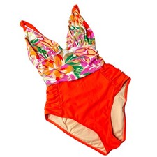New Womens Swimsuit S/M Floral One Piece Ruched Orange Accents Pool Beach